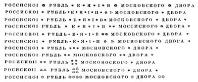 Гурт - 1 рубль 1725 года (Портрет влево, Московский тип, хвост орла широкий)