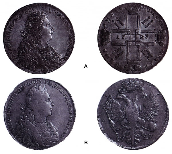 Рубль Петра II, 1727 г., портрет образца 1728 г. и монетовидная медаль Петра II, 1727 г.