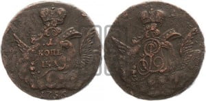 Копейка 1756 года (с орлом в облаках, гурт “ЕКАТЕРИНБУРГСКОГО ДВОРА”)
