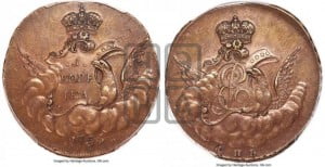 Копейка 1755 года СПБ (с орлом в облаках, гурт сетчатый, гурт гладкий)