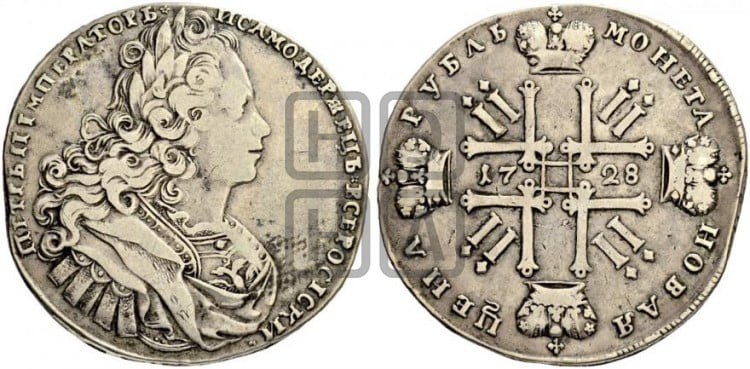 1 рубль 1728 года (голова разделяет надпись, в венке бант)