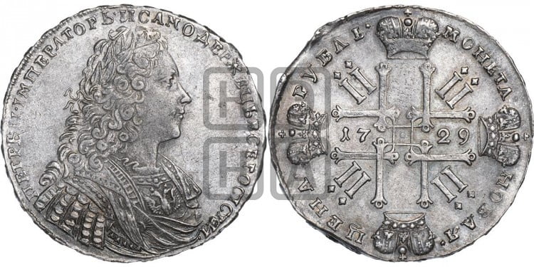1 рубль 1729 года (голова внутри надписи, со звездой на груди, в венке ленты)