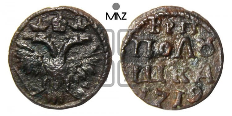 Полушка 1719 года ( без букв монетного двора, все разновидности без отметки редкости)