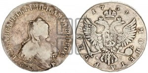 1 рубль 1754 года ММД / М Б (ММД под портретом, шея длиннее, орденская лента уже)