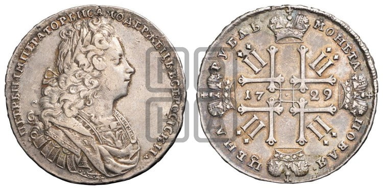 1 рубль 1729 года ( голова внутри надписи, без звезды на груди, в венке бант)