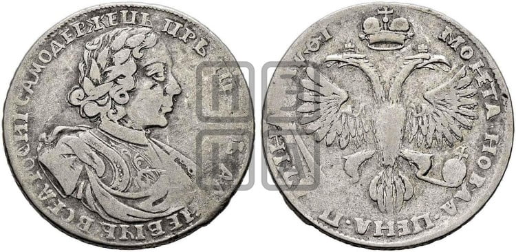 Полтина 1719 года (портрет в латах, без пряжки на плече, без знака медальера, инициалы минцмейстера L)
