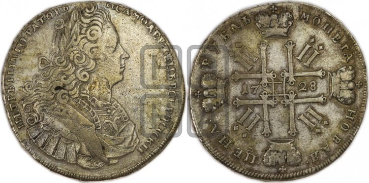 1 рубль 1728 года (голова разделяет надпись, в венке бант)
