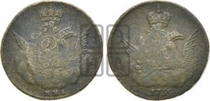 Копейка 1755 года ММД (с орлом в облаках, гурт сетчатый, гурт гладкий)