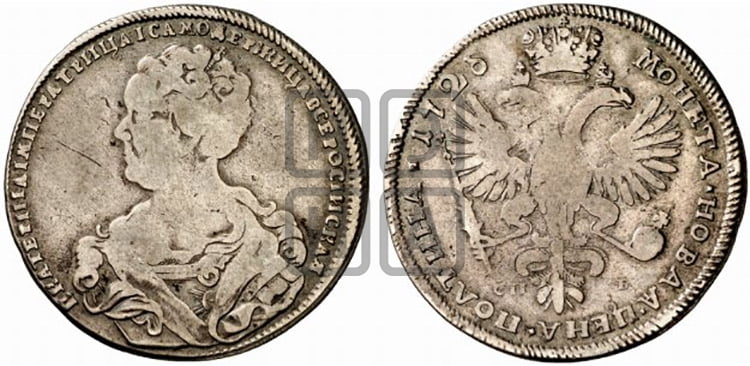 Полтина 1726 года (Портрет влево, бюст разделяет надпись)