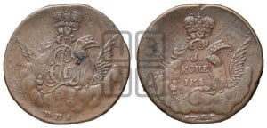 Копейка 1755 года ММД (с орлом в облаках, гурт сетчатый, гурт гладкий)