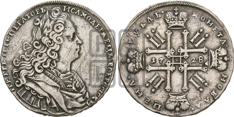 1 рубль 1728 года (голова разделяет надпись, в венке бант)