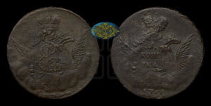 Копейка 1755 года ММД (с орлом в облаках, гурт сетчатый, гурт гладкий)