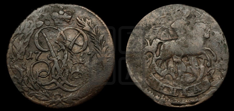 Денга 1757 года (с вензелем Елизаветы I)