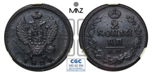 2 копейки 1824 года КМ/АМ (Орел обычный, КМ, Сузунский двор)