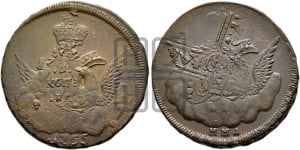 Копейка 1755 года ММД (с орлом в облаках, гурт сетчатый, гурт гладкий)