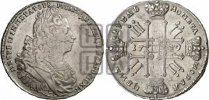 1 рубль 1729 года (голова разделяет надпись, без звезды на груди, в венке бант)