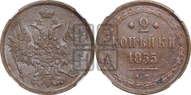 2 копейки 1855 года (хвост широкий, под короной нет лент, Св. Георгий вправо)