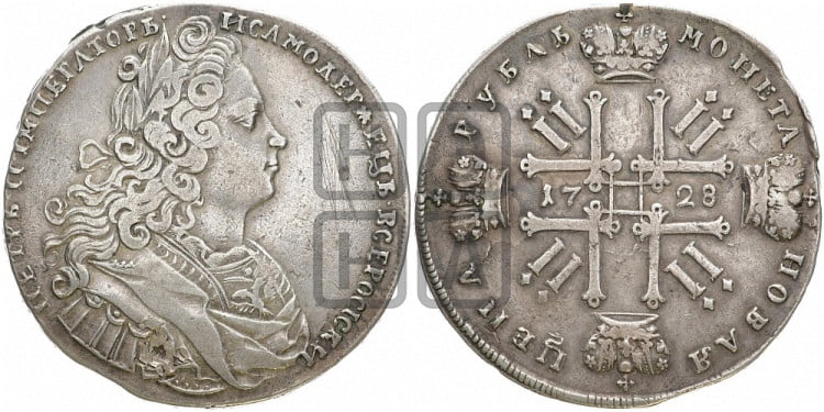 1 рубль 1728 года (голова разделяет надпись, в венке бант)