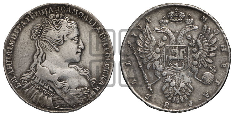 1 рубль 1734 года (голова меньше, крест короны делит надпись, одинарная складка над корсажем)