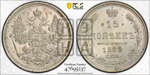 15 копеек 1865 года СПБ/НФ