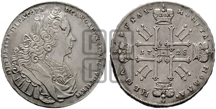 1 рубль 1728 года (голова разделяет надпись, в венке бант)