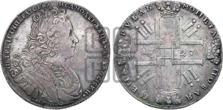 1 рубль 1727 года (петербургский тип, гурт шнуровидный, СПБ под портретом)