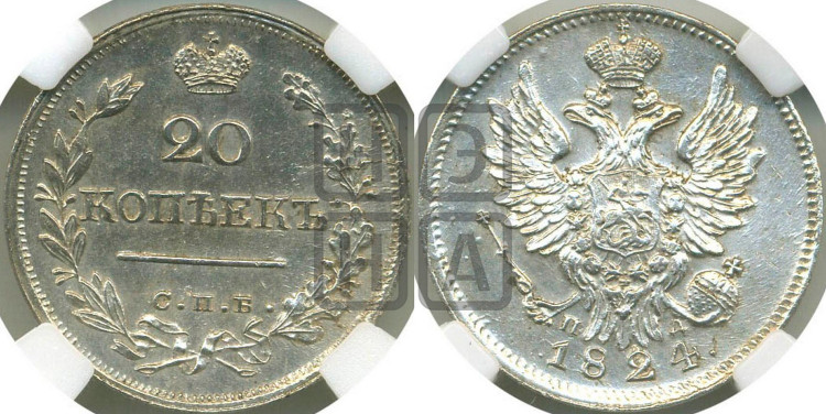 20 копеек 1824 года (Держава ближе к лапе, хвост слегка веером, крылья растрепаны)
