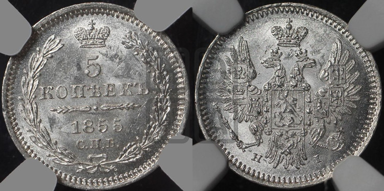 5 копеек 1855 года (орел 1851 года, узкий хвост из 7-ми перьев, боковые перья отдалены от центрального)