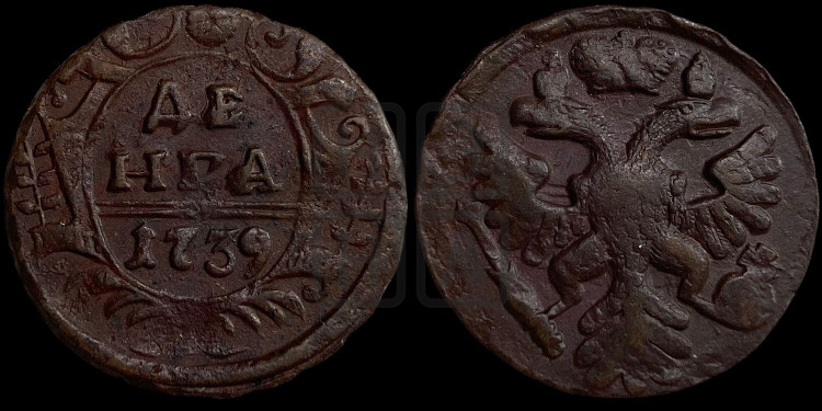 Денга 1739 года (грудь орла большая, возле шей сильно расширена, крылья 7-8 перьев, корона широкая)