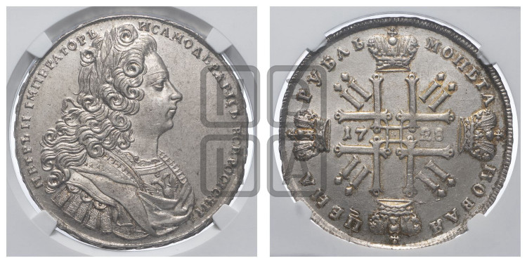 1 рубль 1728 года (голова разделяет надпись, в венке бант)