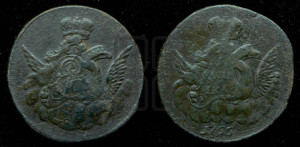 Копейка 1755 года (с орлом в облаках, гурт сетчатый, гурт гладкий)