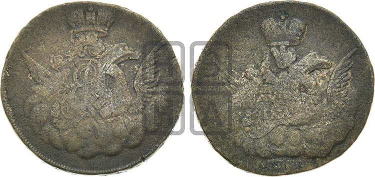 Копейка 1756 года (с орлом в облаках, гурт сетчатый, гурт гладкий)