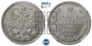 20 копеек 1863 года СПБ/АБ (орел 1861 года СПБ/АБ, крест державы дальше от крыла, хвост шире)