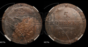 5 копеек 1806 года КМ (“Кольцевик”, КМ, орел и хвост шире, на аверсе точка с 2-мя ободками, без кругового орнамента)