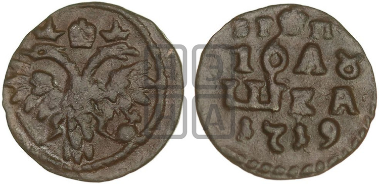 Полушка 1719 года ( без букв монетного двора, все разновидности без отметки редкости)