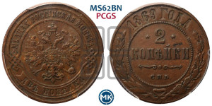 2 копейки 1869 года СПБ (новый тип, СПБ, Петербургский двор)