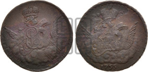 Копейка 1755 года (с орлом в облаках, гурт сетчатый, гурт гладкий)