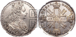 1 рубль 1728 года (голова разделяет надпись, в венке бант)