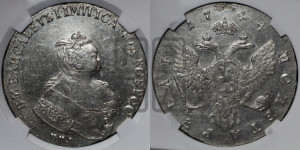 1 рубль 1744 года ММД (ММД под портретом, шея короче, орденская лента шире)