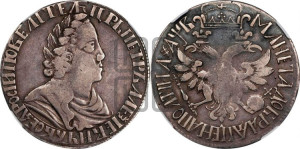Полтина 1702 года (широкий бюст, шея толстая, венок без банта)