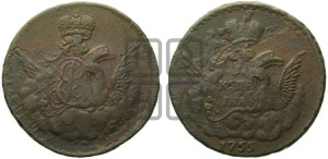 Копейка 1755 года (с орлом в облаках, гурт сетчатый, гурт гладкий)