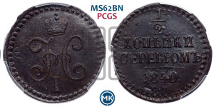 1/2 копейки 1840 года СМ (“Серебром”, СМ, Сузунский двор)