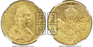 10 рублей 1777 года СПБ (новый тип, шея длиннее). Новодел.