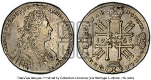 1 рубль 1729 года (голова внутри надписи, со звездой на груди, в венке ленты)