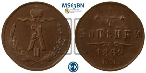 1/4 копейки 1869 года ЕМ (ЕМ, Екатеринбургский двор)