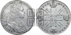 1 рубль 1728 года (голова разделяет надпись, в венке бант)