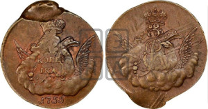 Копейка 1755 года ММД (с орлом в облаках, гурт сетчатый, гурт гладкий)