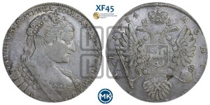 1 рубль 1734 года (Большая голова, крест короны делит надпись, тройная складка над корсажем)