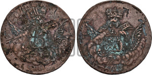 Копейка 1755 года СПБ (с орлом в облаках, гурт сетчатый, гурт гладкий)