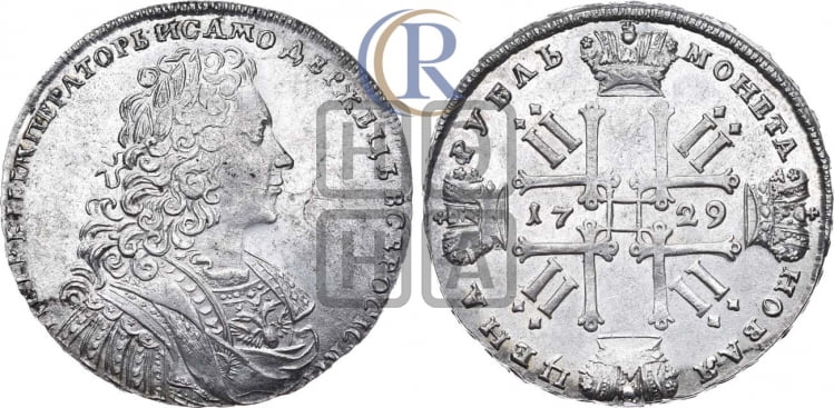 1 рубль 1729 года (голова внутри надписи, со звездой на груди, в венке ленты)